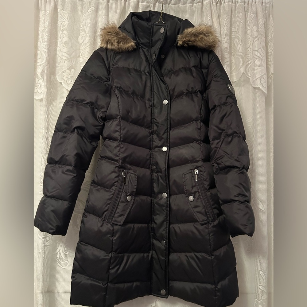 Utex Black Down Puffer Coat Faux Fur Hood Trim Winter Parka Medium